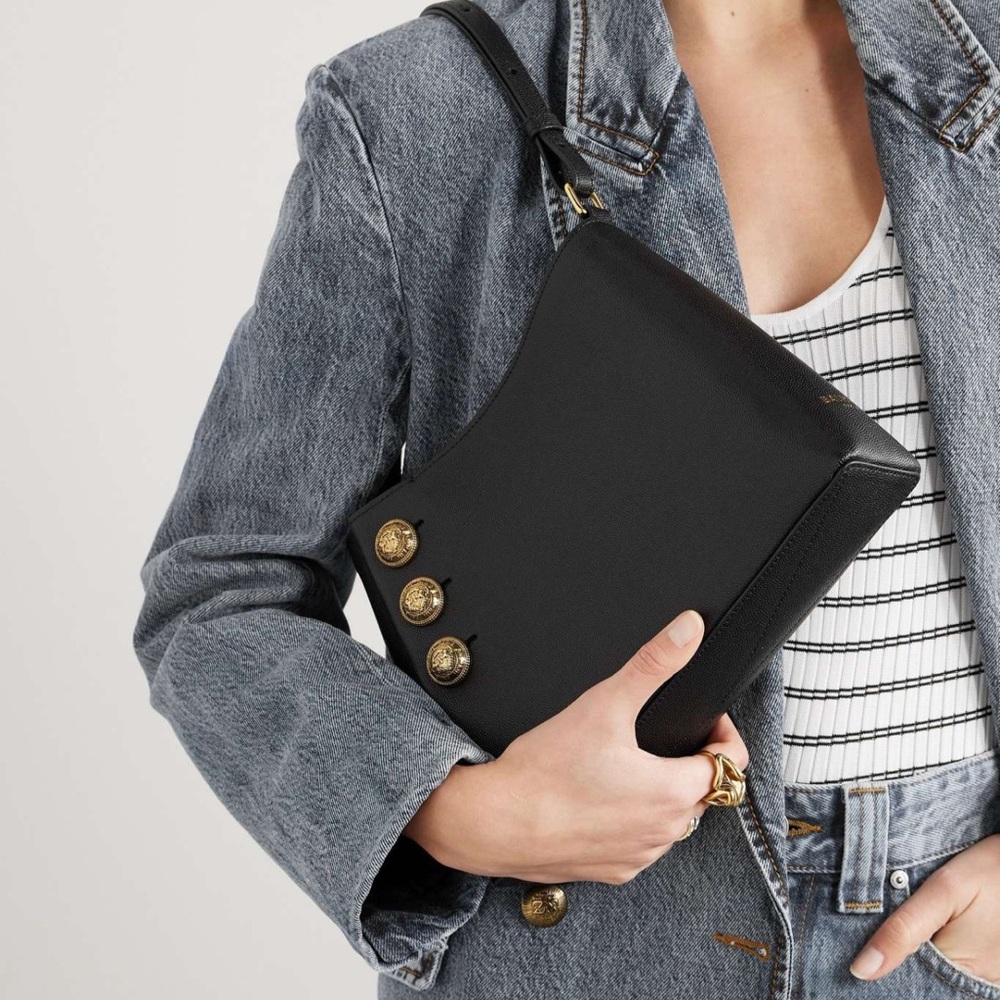 New Balmain black leather gold button embleme bag